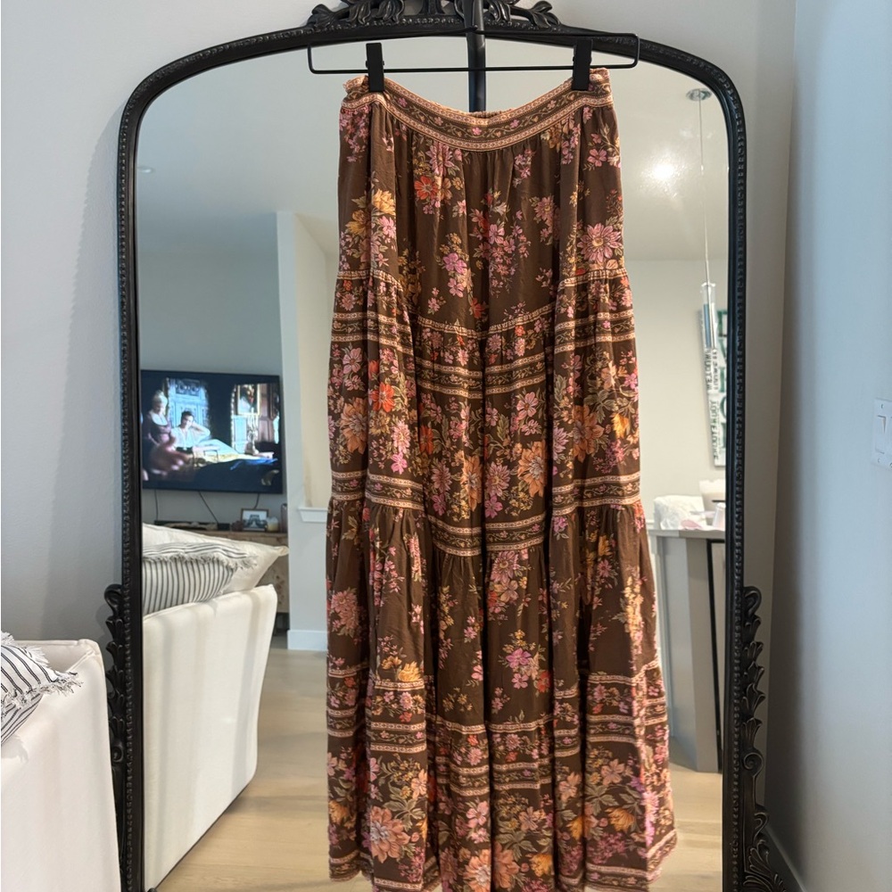 Spell Brown Floral Maxi Skirt with Pink & Orange Accents